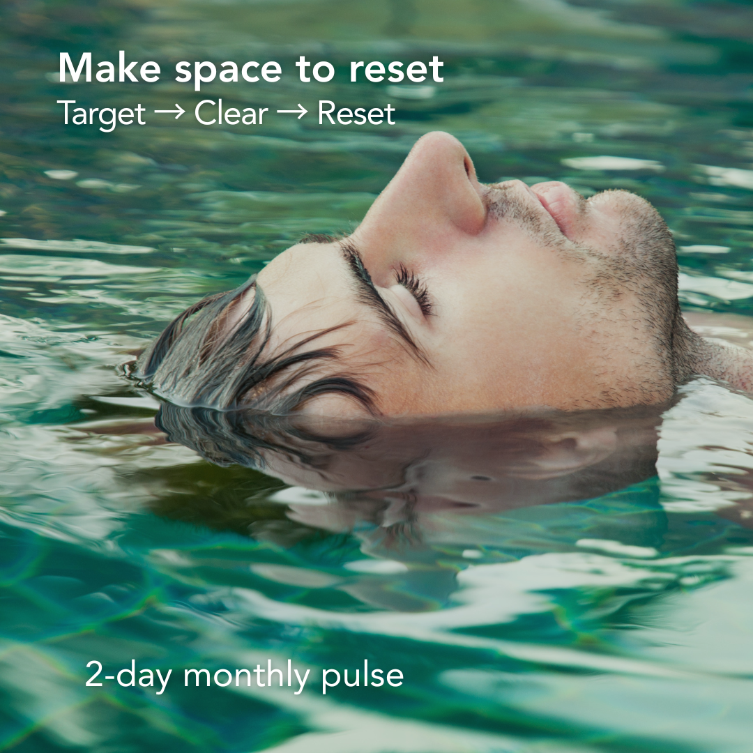 Person floating in water to represent monthly reset and recovery routine