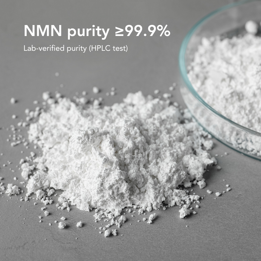 NMN powder shown with text stating purity of at least 99.9% and lab verification