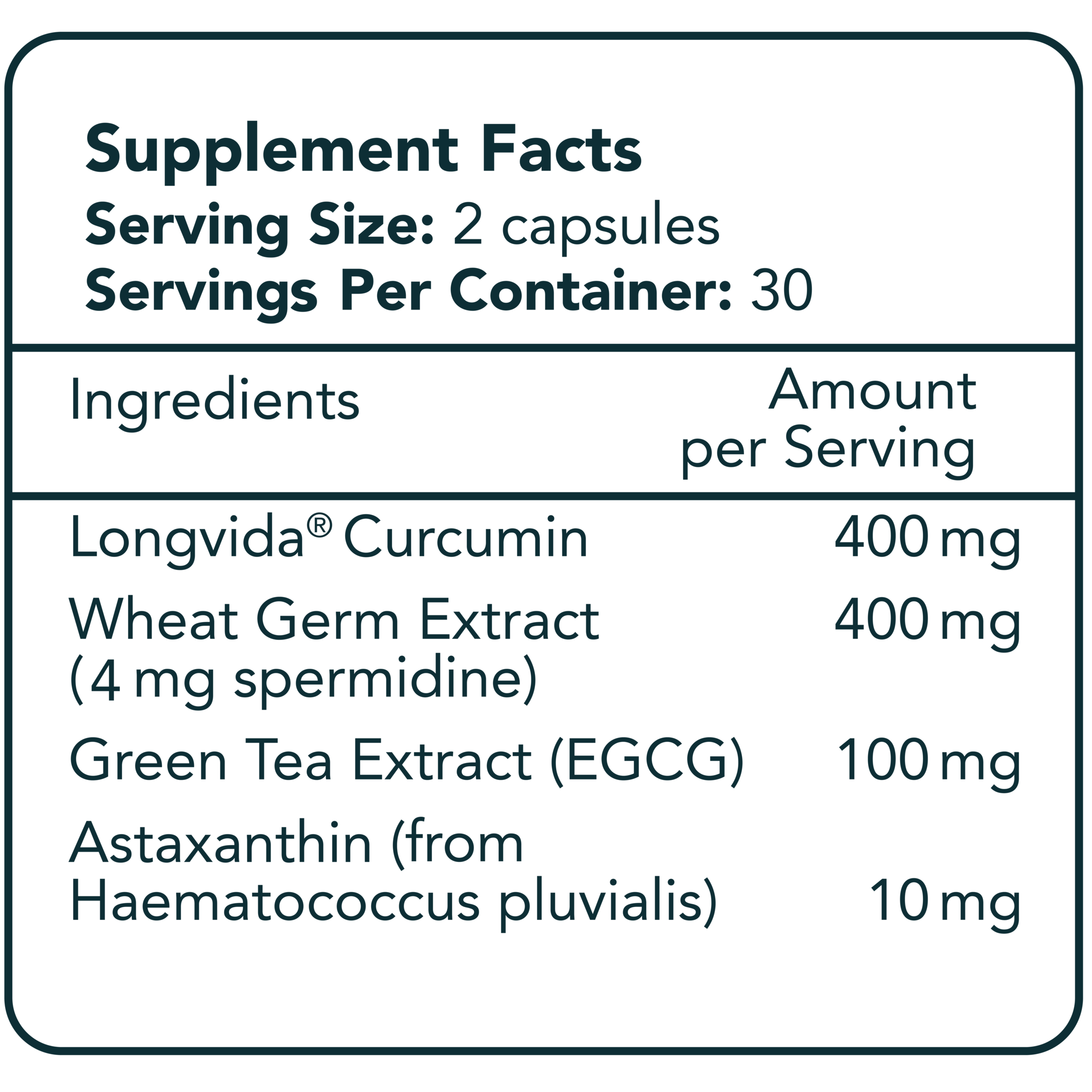 RENEW ingredient label with curcumin, spermidine, EGCG, astaxanthin, and magnesium