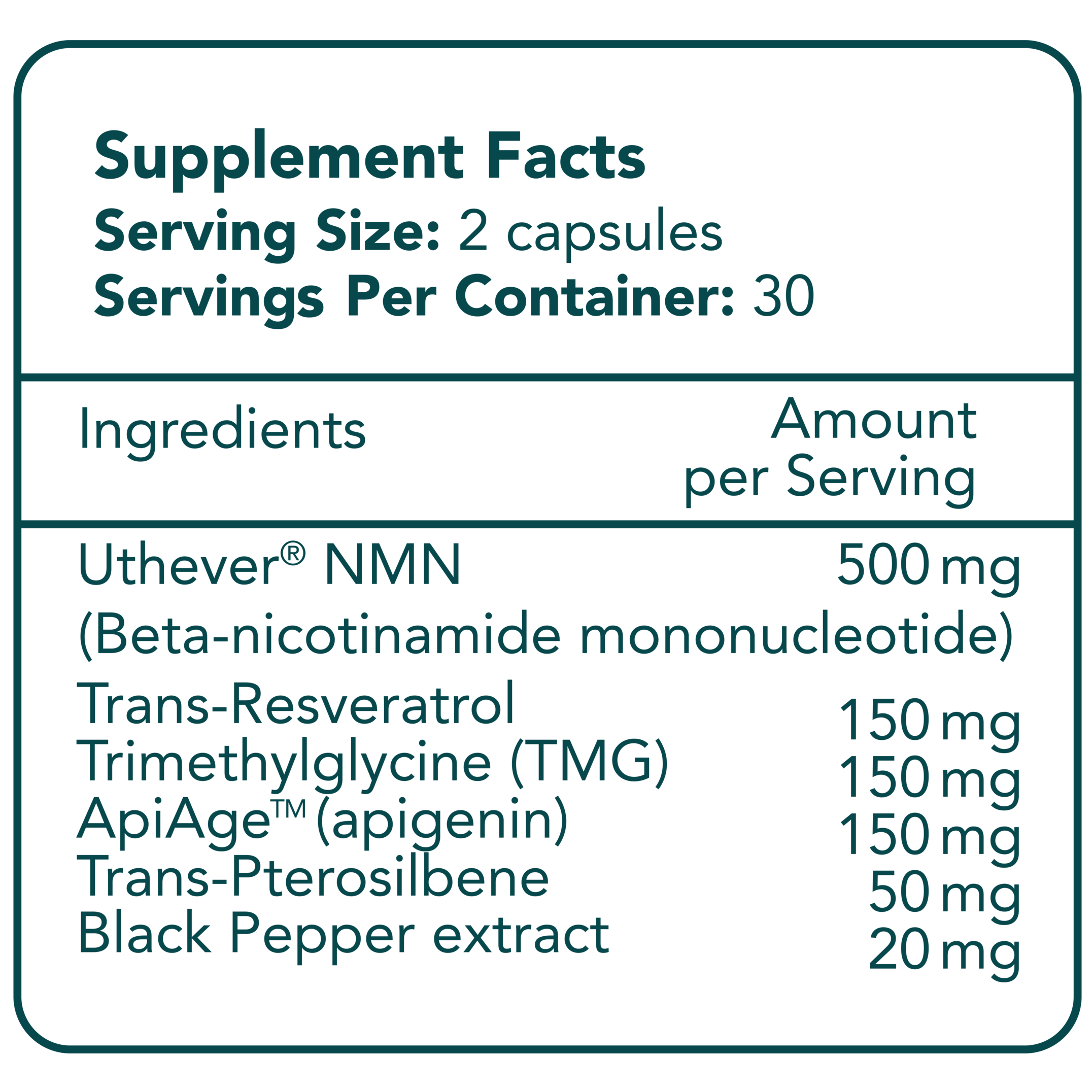 Supplement facts label for VITALIZE with ingredients and amounts per serving