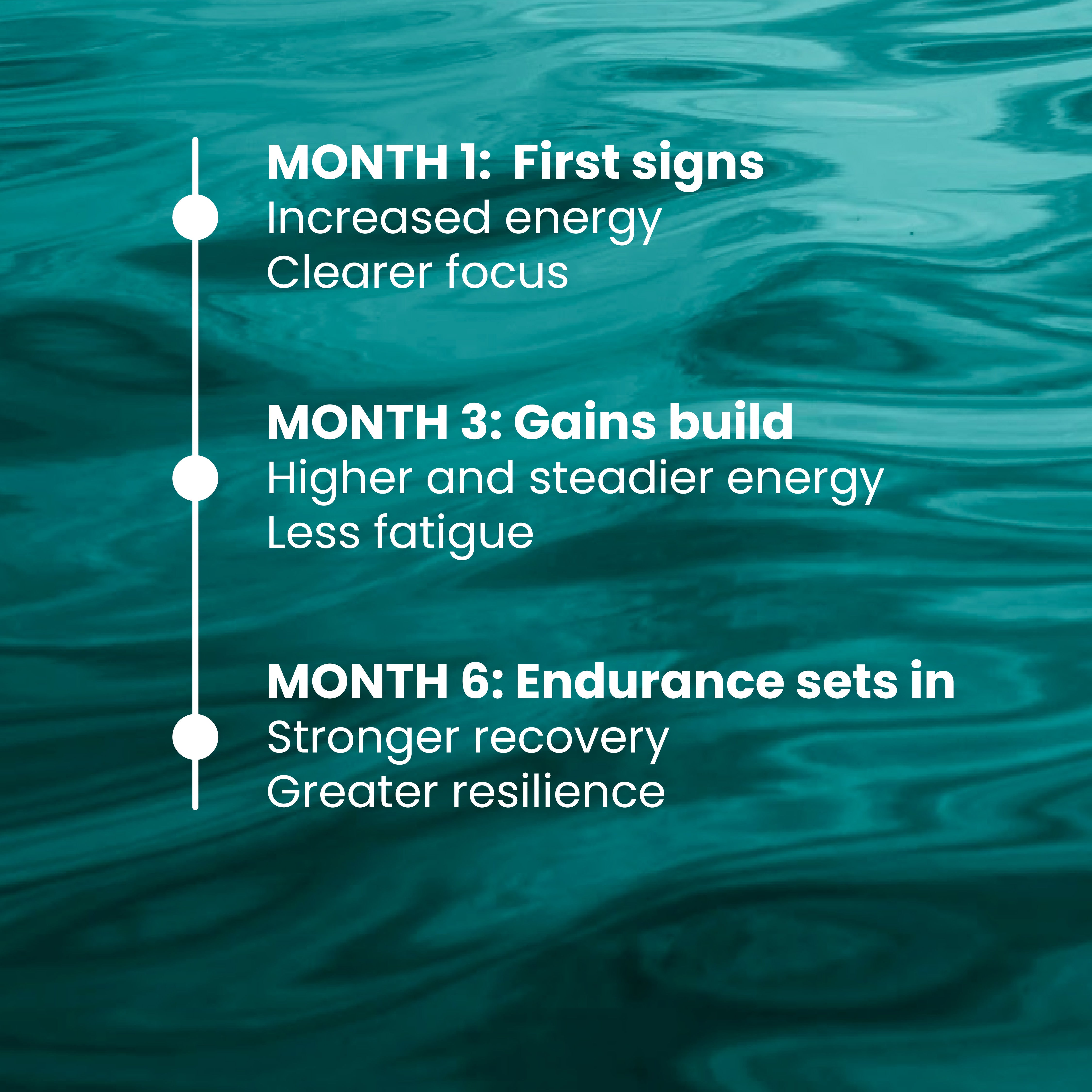 Timeline showing expected VITALIZE progress at month 1, month 3, and month 6 for energy, clarity, recovery, and endurance