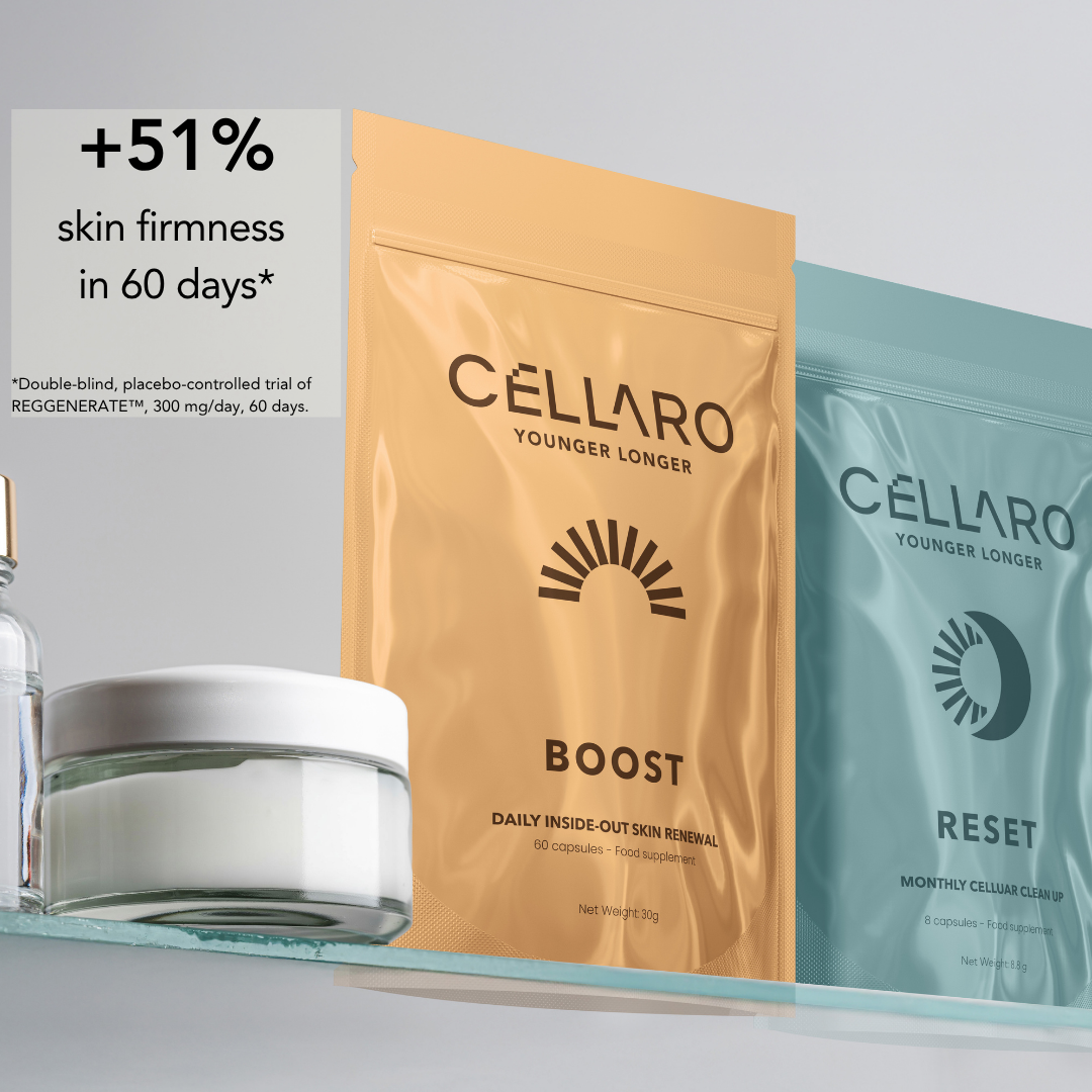 Cellaro Skin Renewal Duo in a bathroom with skin firmness claim