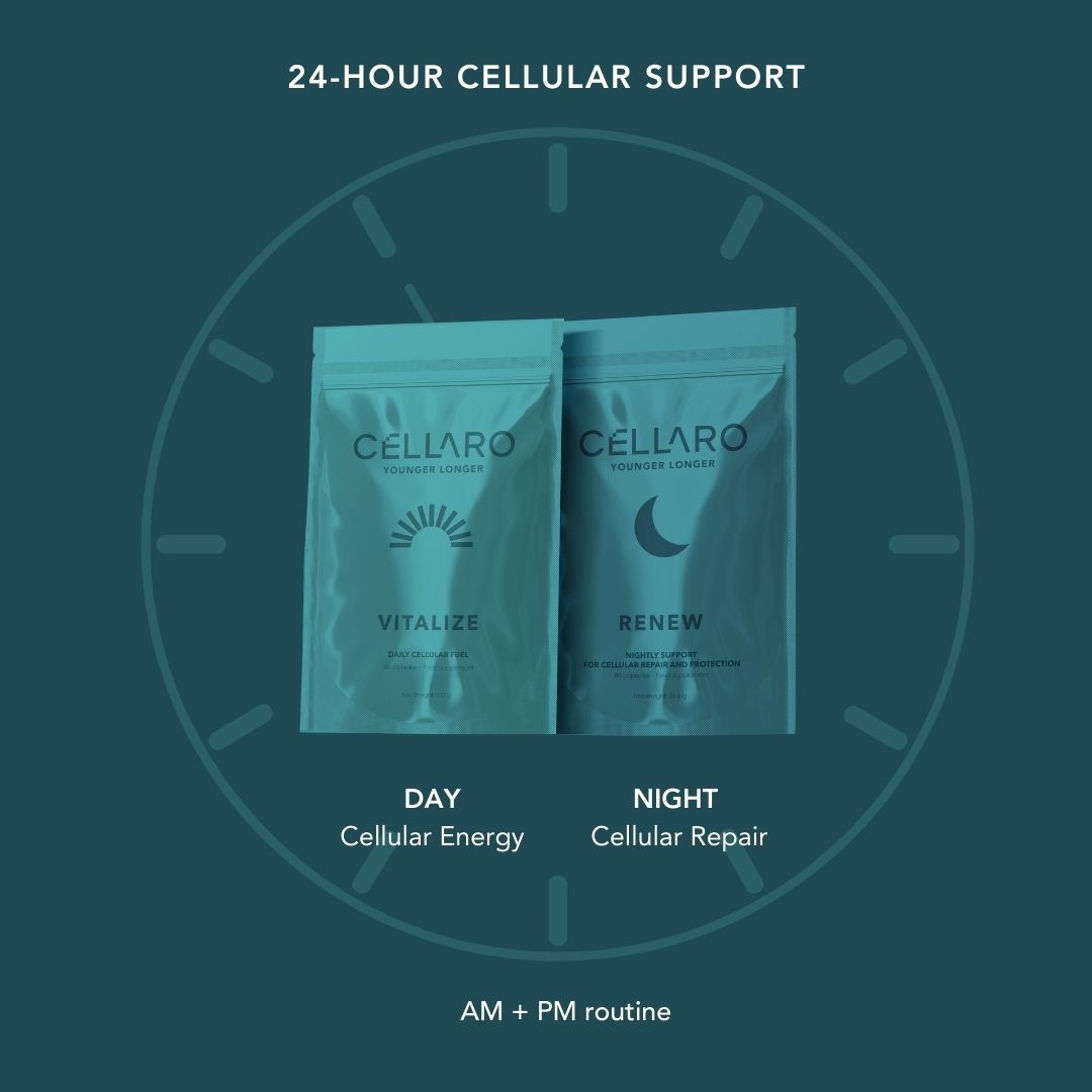 Cellaro Longevity Essentials AM-PM system with VITALIZE for daytime cellular energy and RENEW for nighttime cellular repair