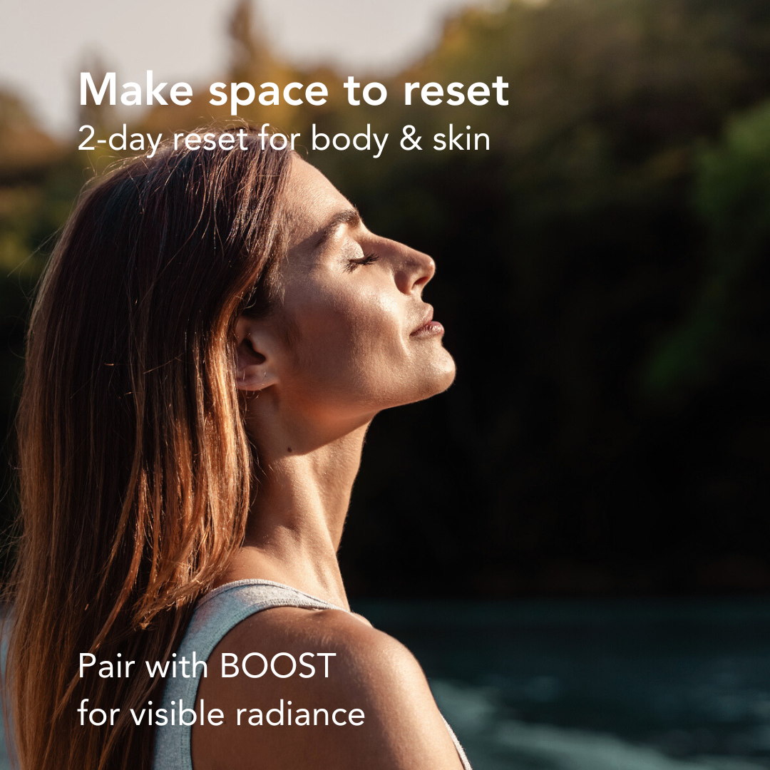 Woman outdoors in side profile, lit by natural sunlight, representing Cellaro RESET monthly cellular clean-up and recovery.